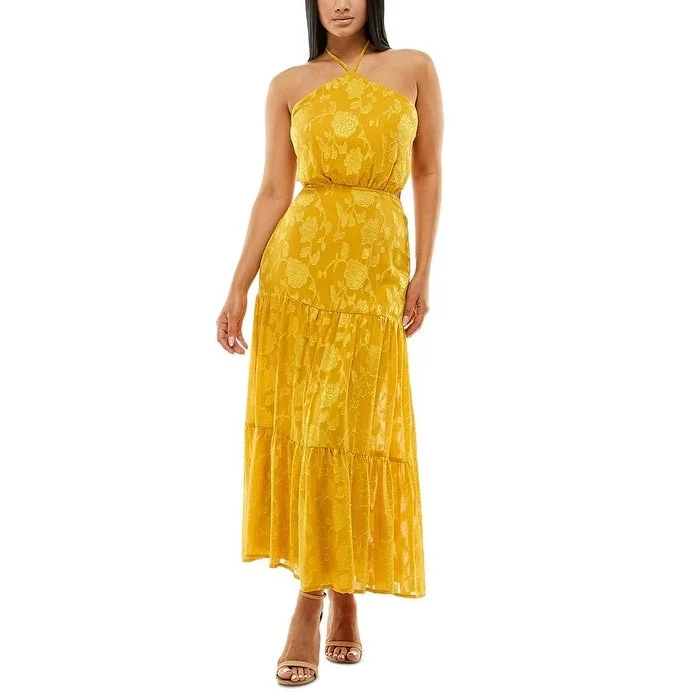 Bodycon dresses for evening -Speechless Junior's Burnout Halter Maxi Dress Yellow Size 11