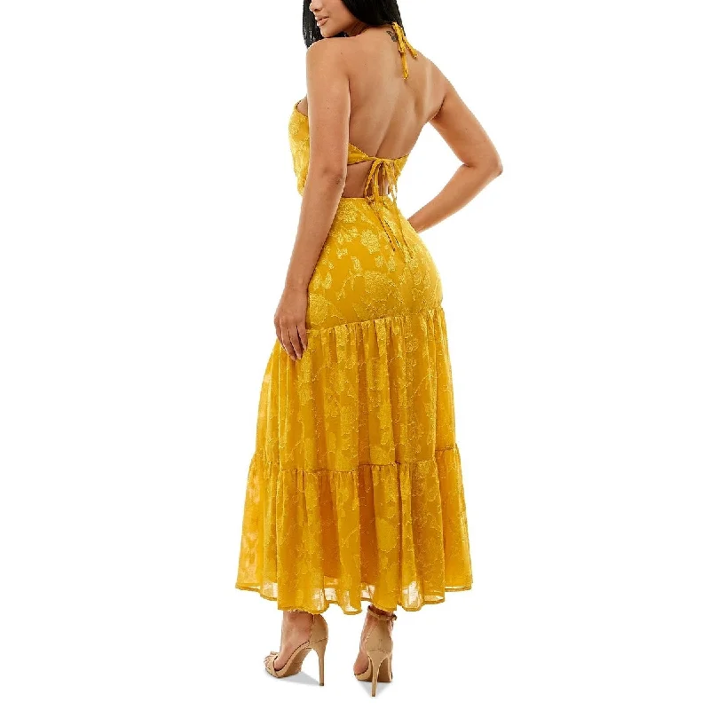 Dresses for afternoon cocktail parties -Speechless Junior's Burnout Halter Maxi Dress Yellow Size 5