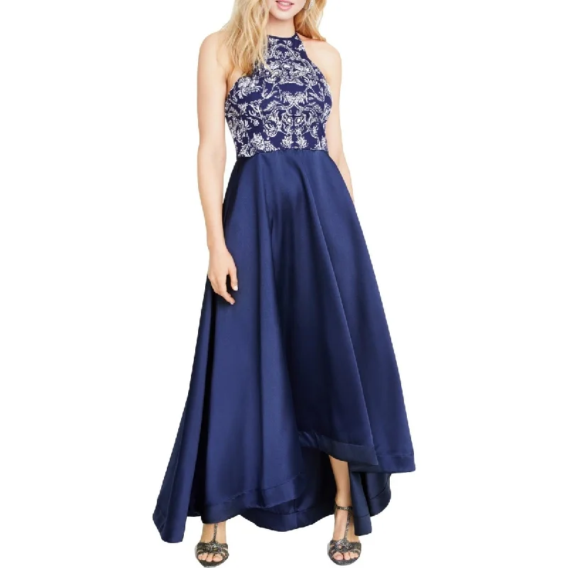 Dresses for elegant family dinners -Speechless Juniors' Glitter Halter High-Low Dress Blue Size 13 - 14