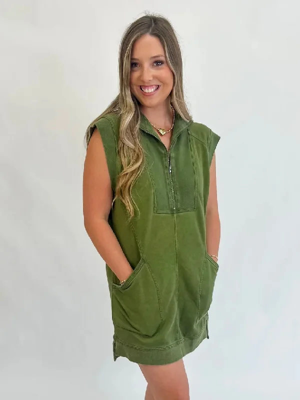 Pleated dresses for women -Sporty Mineral-Washed Vest Dress-Dark Olive