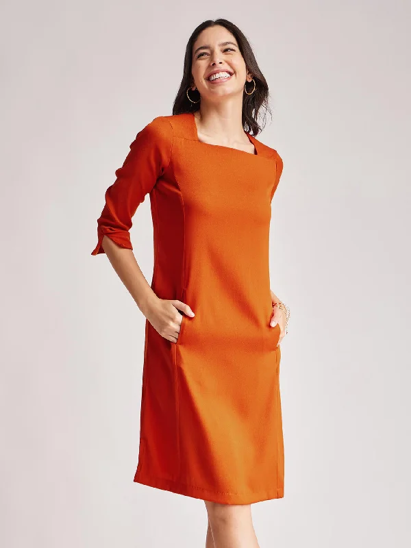 Dresses for high tea events -Square Neck Detail Dress - Rust