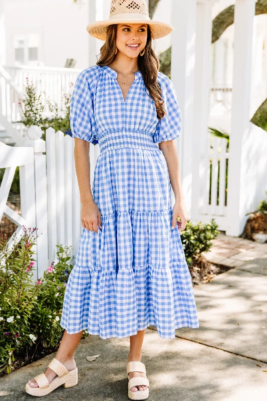 Dresses for special occasions -Stay The Course Blue Gingham Midi Dress