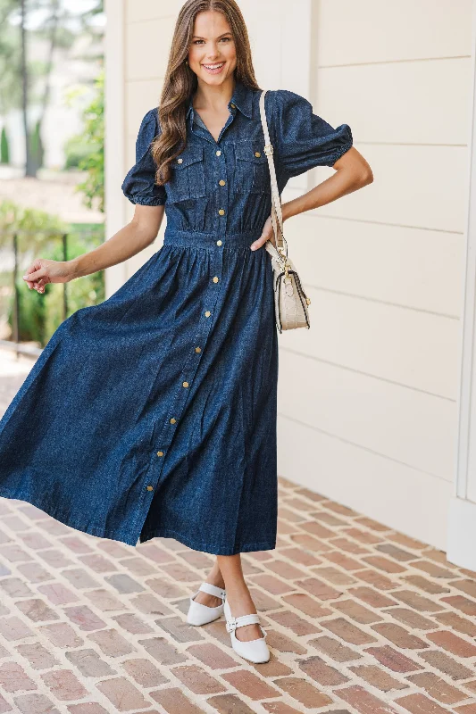 Dresses with floral lace -Still The One Medium Wash Denim Midi Dress