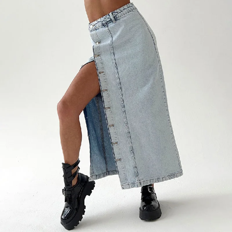 Dresses for social gatherings -Street Style Faded Wash Button Front Split High Waist Midi Denim Skirt