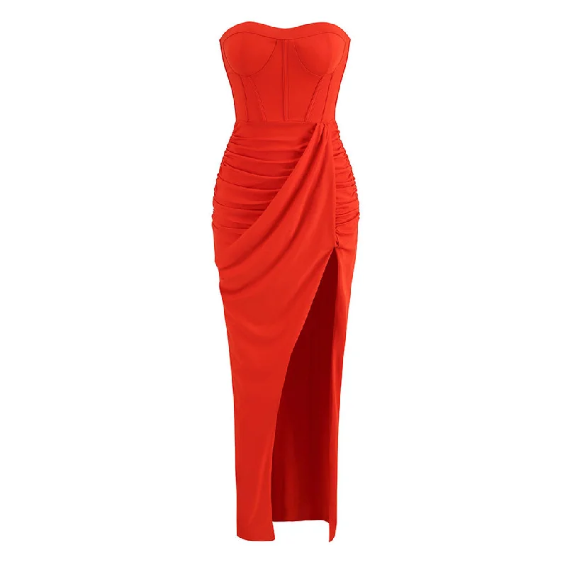 All-season dresses for women -Striking Sweetheart Corset Bandeau Draped Ruched Thigh Split Maxi Evening Dress