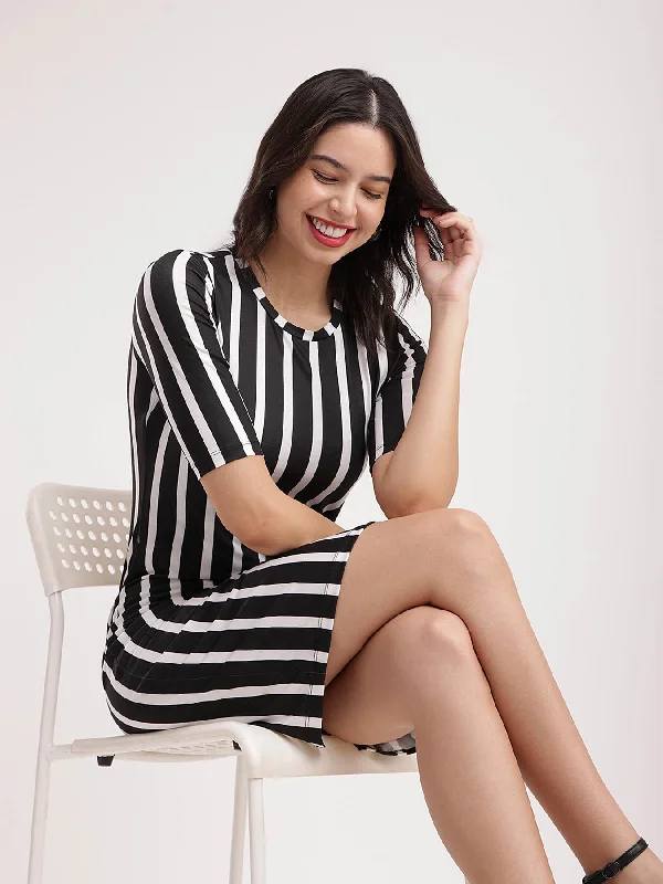 Party dresses for casual occasions -Striped Knitted Shift Dress - White And Black