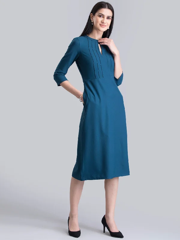 Trendy black dresses for evening -Stylised Neck Pintuck Dress - Teal