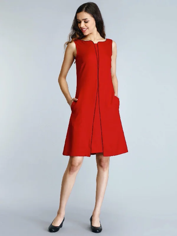 Skater dresses for women -Stylised Neck Piping Detail Shift Dress - Red