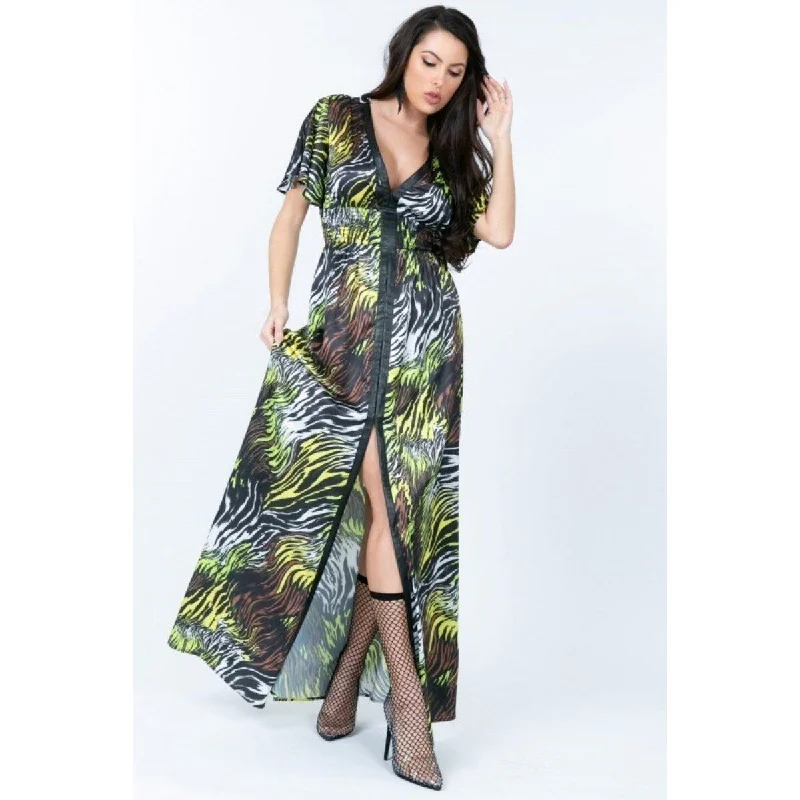 Special occasion maxi dresses -Stylish Deep V Neck Slit Zebra Print Long Dress – Perfect for Night Outs & Special Events