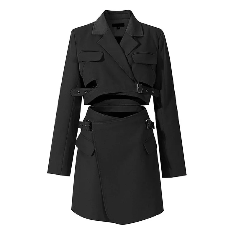 Tight fit dresses for women -Stylish Lapel Collar Wrapped Strappy Belted Cut Out Mini Blazer Dress