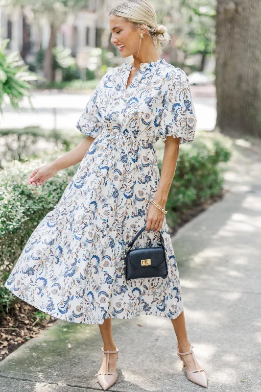 Elegant beach wedding dresses -It's A Match Off White Floral Midi Dress