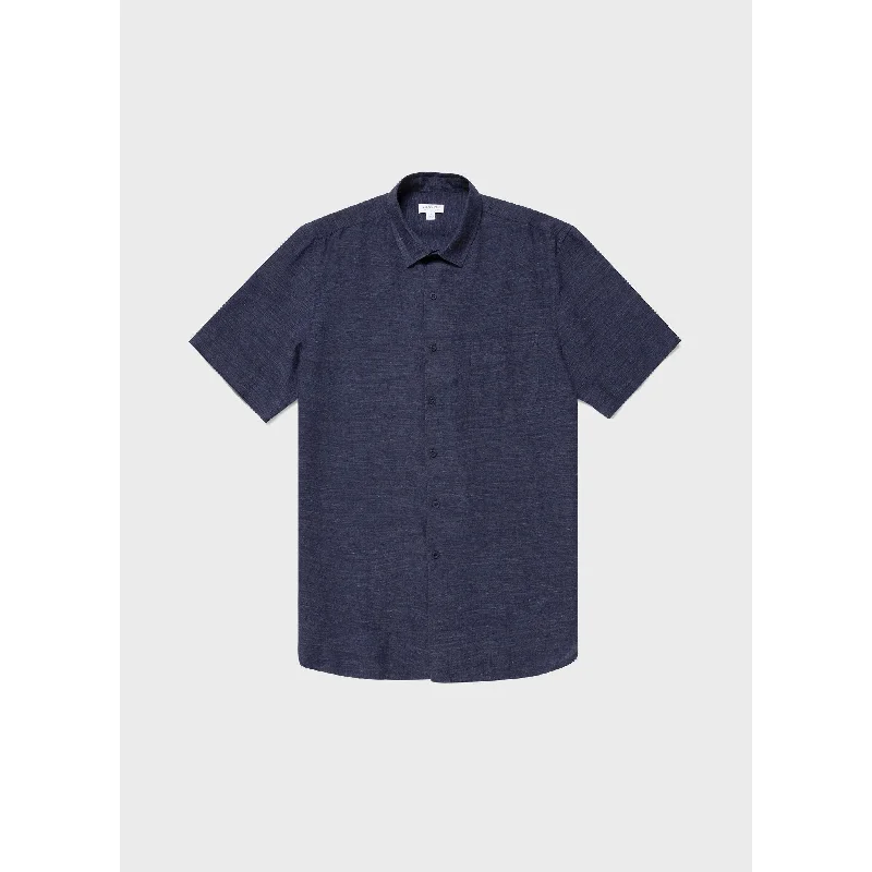 Statement dresses for women -Short Sleeve Linen Shirt | Men | Navy Melange