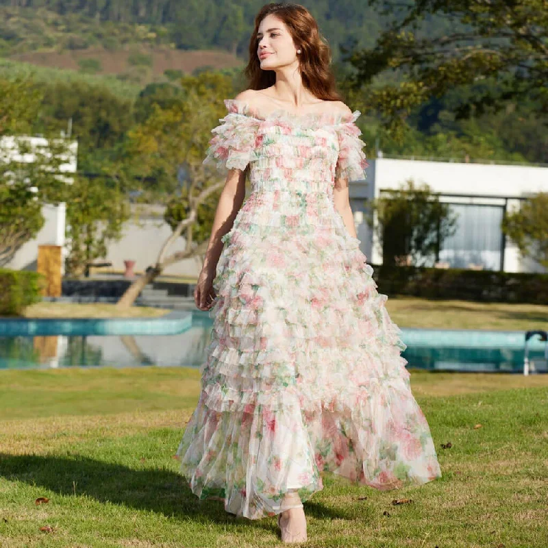 Dress with ruffles on sleeves -Sweet Floral Print Off Shoulder Short Sleeve Ruffle Tier Layered Tulle Maxi Dress