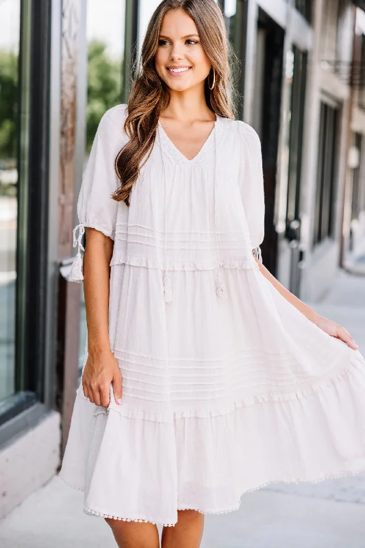 Midi dresses for work -Sweet Mornings Natural White Ruffled Midi Dress