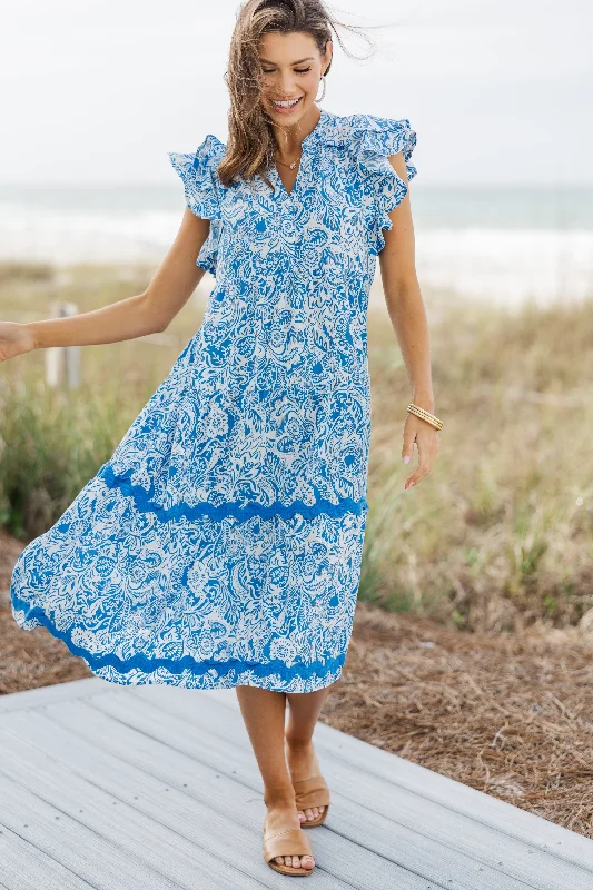 Dresses for elegant black-tie events -Sweet New Day Blue Paisley Rickrack Midi Dress