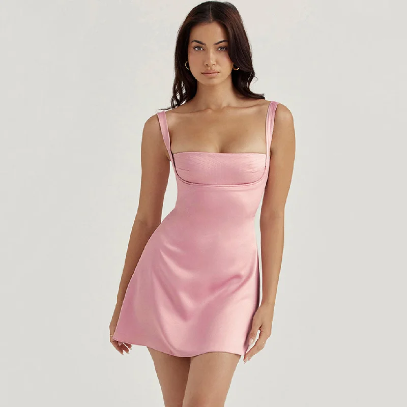 Bridesmaid dresses for weddings -Sweet Square Neck Suspender Strap Satin Mini Dress - Pink