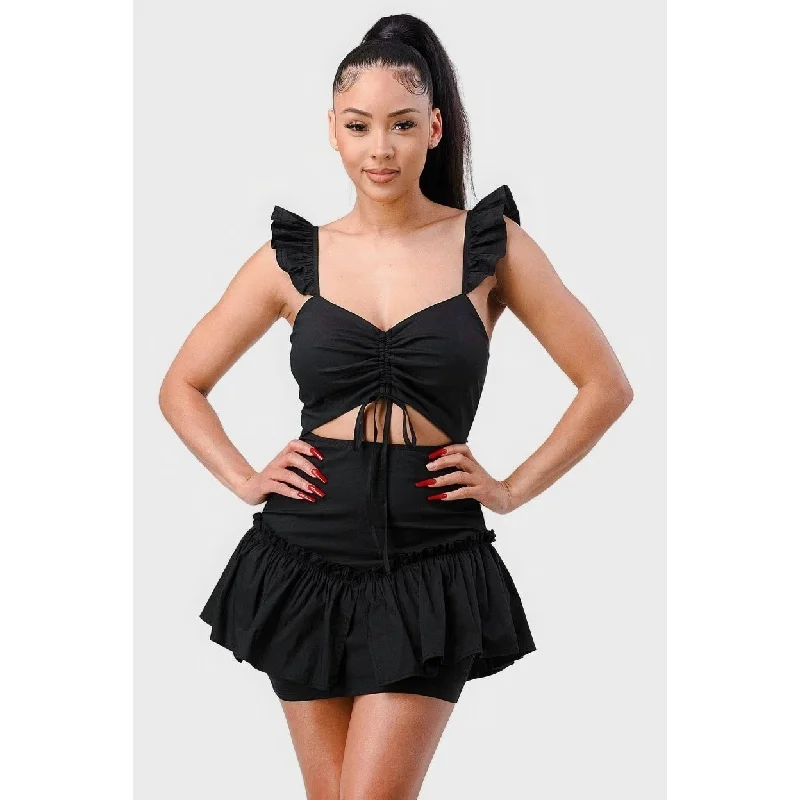 Formal dresses with sheer details -Sweetheart With Drawstring Bow Cutout Ruffled Flutter Sleeves Mini Dress