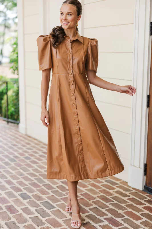 Dresses with flowing skirts for events -Take It As It Is Camel Brown Faux Leather Midi Dress