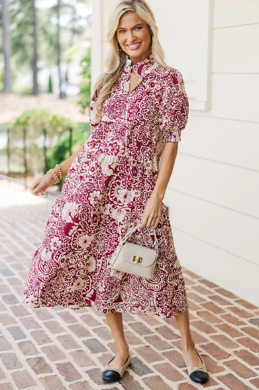 Ruffle sleeve dresses -Take You There Sangria Red Abstract Midi Dress