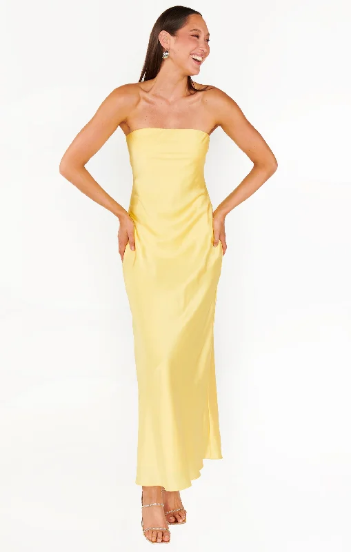 Dresses with floral appliqué -Taylor Tube Dress ~ Yellow Luxe Satin