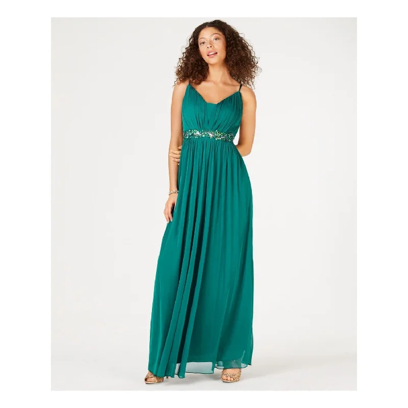 Elegant maxi dresses for evening wear -Teeze Me Women's Embellished Spaghetti Strap V Neck Maxi Evening Sheath Dress Juniors Green Size 5 /6