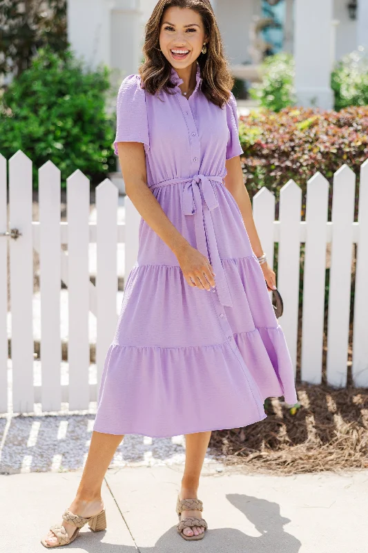 Plus size dresses for women -Tell It All Lavender Purple Button Down Midi Dress