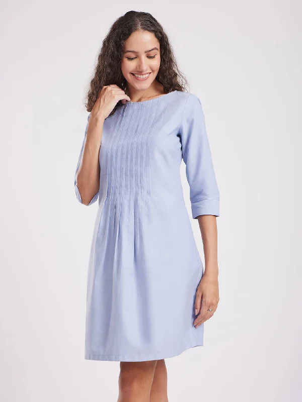 Casual dress with pockets -Textured Cotton Pintuck A-line Dress - Light Blue