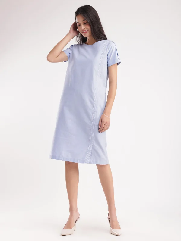 Dresses for dinner parties -Textured Cotton Shift Dress - Blue