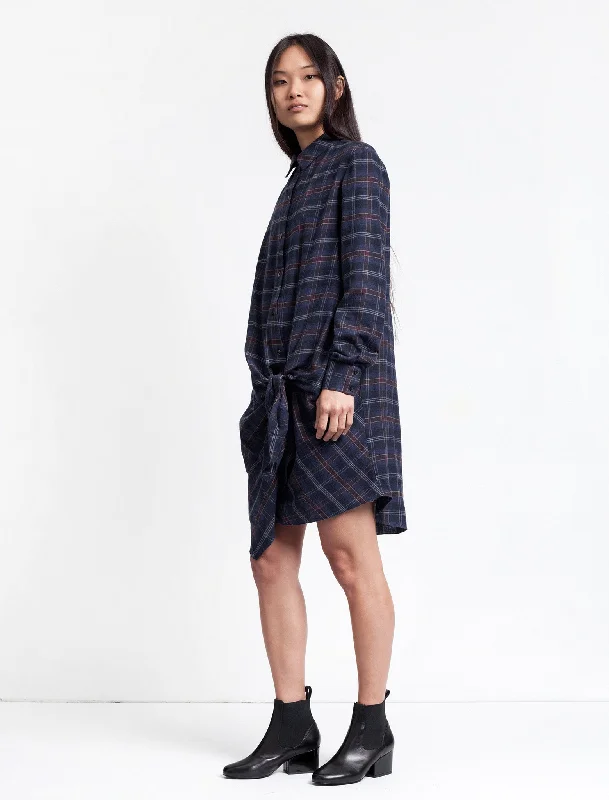 Soft fabric dresses -Flannel Side Tie Dress