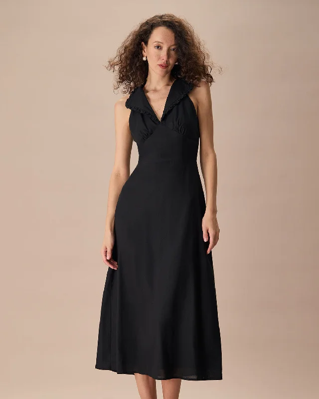 Trendy maxi dresses with belts -The Black Collared Frill Trim Linen Maxi Dress