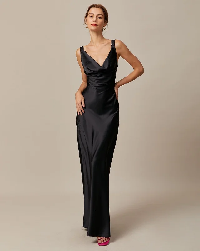 Dress for elegant affairs -The Black Cowl Neck Sheath Satin Maxi Dress