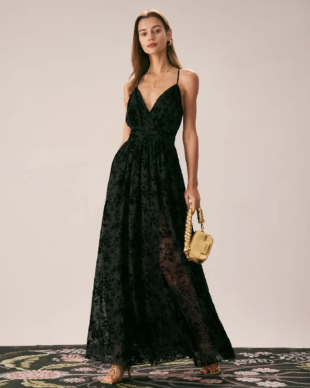 Dresses with lace and sequins -The Black Floral Flocked Mesh Slit Maxi Dress