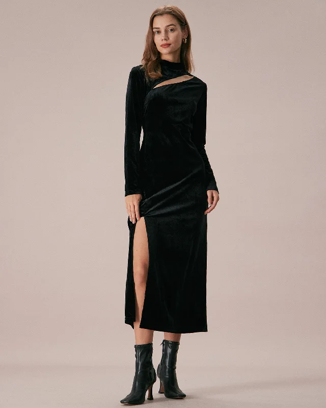 Dresses with built-in shapewear -The Black Mock Neck Velvet Slit Maxi Dress