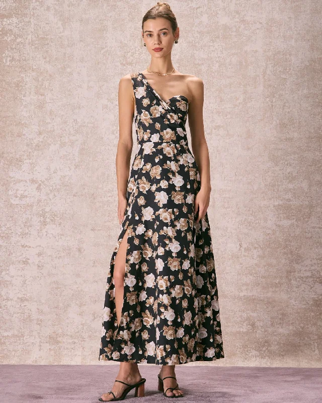 Classic summer dresses -The Black One Shoulder Floral Maxi Dress