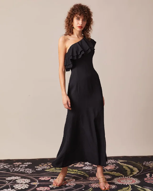 Evening dresses with floral embroidery -The Black One Shoulder Flounce Maxi Dress