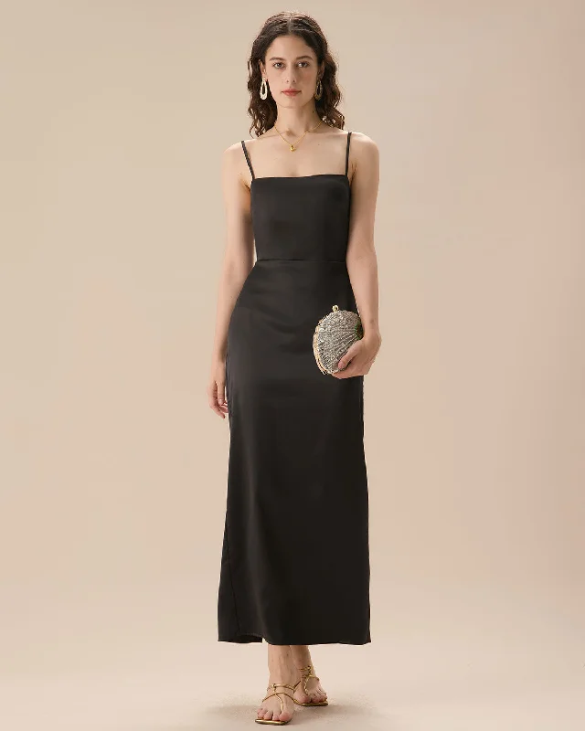 Dresses for outdoor dinner parties -Black Satin Slip Maxi Dress