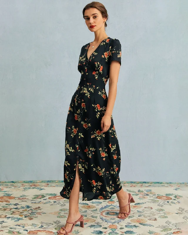 Dresses with silk fabric -The Black V Neck Floral Short Sleeve Maxi Dress