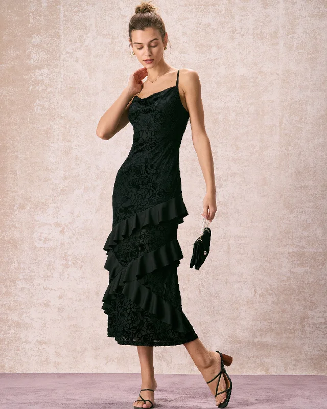 Dresses for holiday dinners -The Black V-Neck Ruffle Tiered Maxi Dress