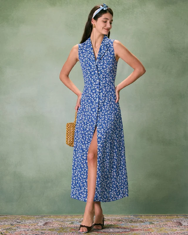 Dresses with long flowing fabric -The Blue Collared Button-up Floral Maxi Dress