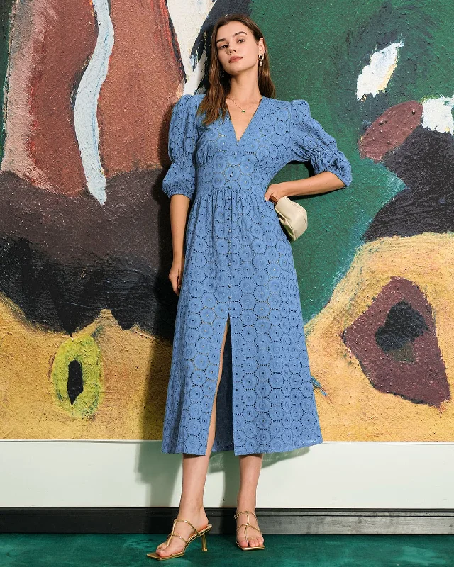 Dresses with floral appliqué -The Blue Puff Sleeve Cutout Slit Maxi Dress