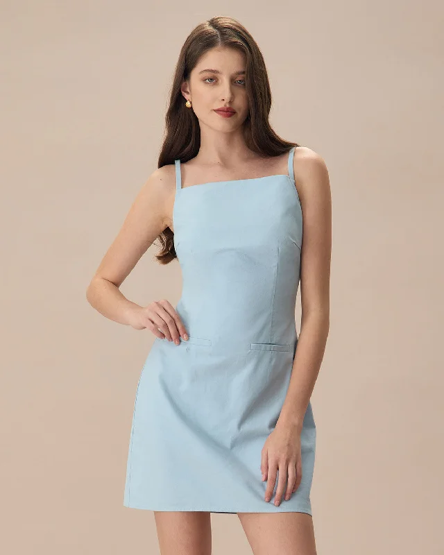 Dress for family events -The Blue Square Neck Linen Slip Mini Dress