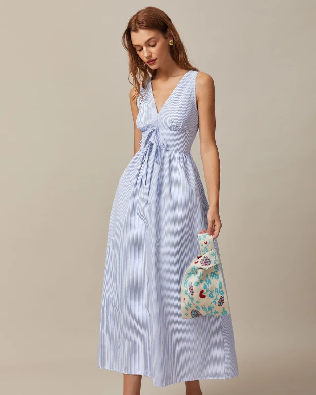 Dresses for summer picnics -The Blue V Neck Shirred Striped Maxi Dress