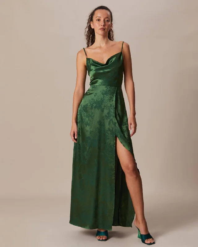 Floral print dresses for garden parties -The Green Cowl Neck Jacquard Satin Maxi Dress