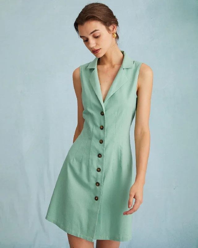 Special occasion maxi dresses -The Green Lapel Button-up Sleeveless Mini Dress