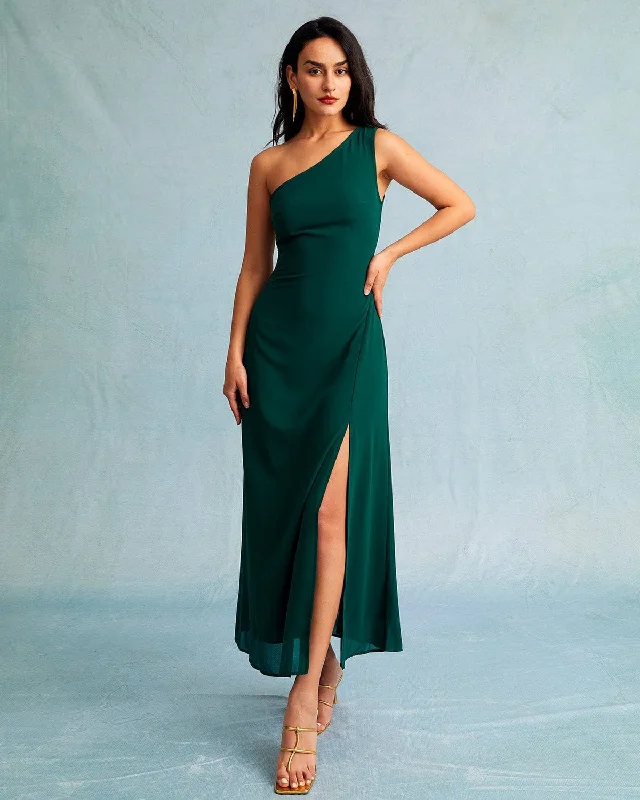 Summer formal dresses -The Green One Shoulder Sleeveless Maxi Dress