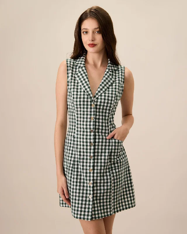 Fashionable wedding guest dresses -The Green Plaid Sleeveless Cotton Pocket Mini Dress