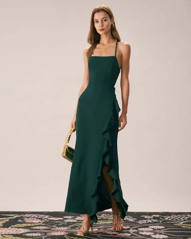 Elegant black dresses -The Green Ruffle Cross Back Strap Maxi Dress