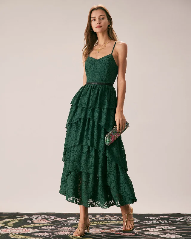 Dresses with sheer details -The Green Sweetheart Neck Lace Maxi Dress