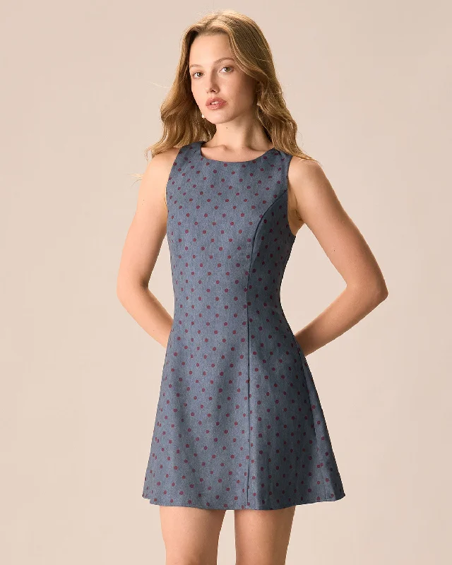 Designer evening dresses -The Grey Round Neck Polka Dot Mini Dress