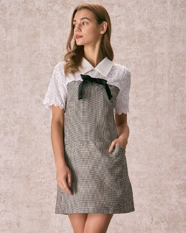 Comfortable formal dresses -The Grey Shirt Collar Spliced Plaid Mini Dress